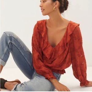 Anthropologie floral textured ruffle blouse